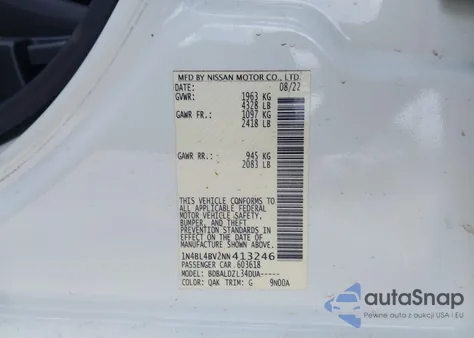 2022 Nissan Altima S z USA, uszkodzony, nr VIN 1N4BL4BV2NN413246